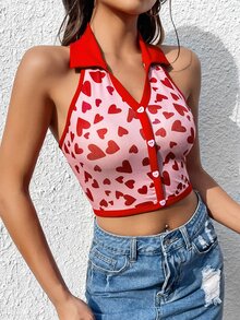 SHEIN Qutie Áo hai dây Lộ Lưng Nút phía trước Tim Tất cả trên in Gợi cảm - Hồng - Xem 4