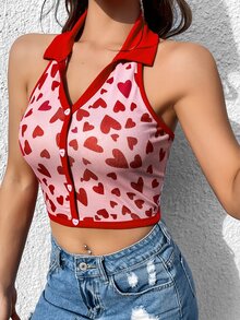 SHEIN Qutie Áo hai dây Lộ Lưng Nút phía trước Tim Tất cả trên in Gợi cảm - Hồng - Xem 5