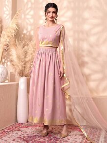 Divindia Gold Plant Print Contrast Mesh Kurtis Top - Dusty Pink - View 1