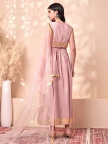 Divindia Gold Plant Print Contrast Mesh Kurtis Top - Dusty Pink - View 2