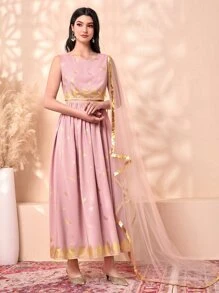 Divindia Gold Plant Print Contrast Mesh Kurtis Top - Dusty Pink - View 4