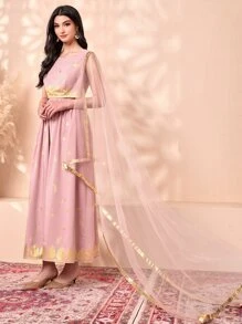 Divindia Gold Plant Print Contrast Mesh Kurtis Top - Dusty Pink - View 5