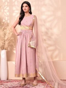 Divindia Gold Plant Print Contrast Mesh Kurtis Top - Dusty Pink - View 6