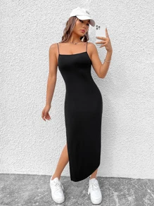 SHEIN EZwear Solid Split Thigh Cami Dress - Black - View 1