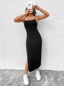 SHEIN EZwear Solid Split Thigh Cami Dress - Black - View 3