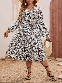 SHEIN LUNE Plus Zebra Striped Top & Split Thigh Skirt - Black and White - View 5