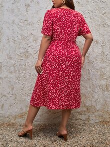 SHEIN Frenchy Plus Allover Heart Print Button Front Dress - Red and White - View 2
