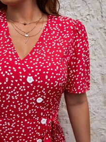 SHEIN Frenchy Plus Allover Heart Print Button Front Dress - Red and White - View 3