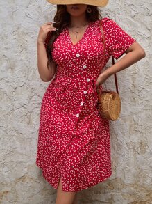 SHEIN Frenchy Plus Allover Heart Print Button Front Dress - Red and White - View 4