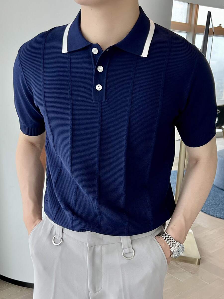 DAZY Men Contrast Trim Polo Shirt - Navy Blue - View 1