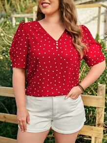 SHEIN LUNE 夏季加大爱心印花泡泡袖衬衫 - 紅色 - 查看 1