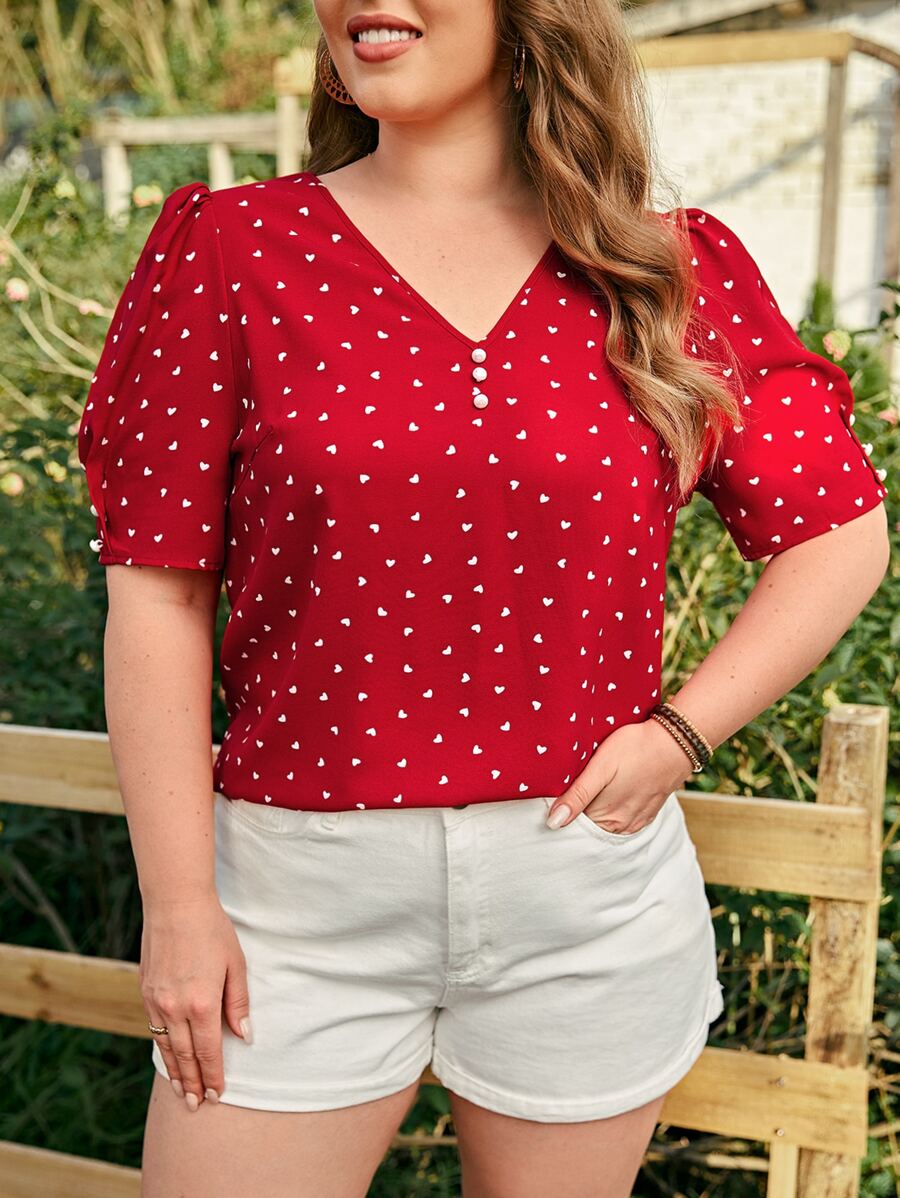 SHEIN LUNE 夏季加大爱心印花泡泡袖衬衫 - 紅色 - 查看 1