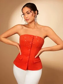 SHEIN BAE Top bandeau con diseño de diamante de imitación - Naranja Coral - Ver 6