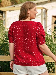 SHEIN LUNE 夏季加大爱心印花泡泡袖衬衫 - 紅色 - 查看 2