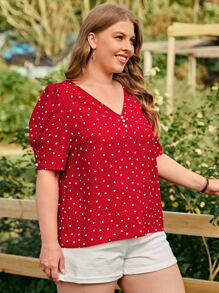 SHEIN LUNE 夏季加大爱心印花泡泡袖衬衫 - 紅色 - 查看 3