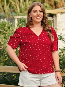 SHEIN LUNE 夏季加大爱心印花泡泡袖衬衫 - 紅色 - 查看 4