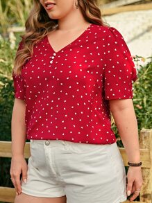 SHEIN LUNE 夏季加大爱心印花泡泡袖衬衫 - 紅色 - 查看 5