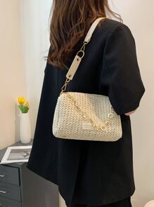 Bolsa de mimbre con estampado de letra con diseño de cadena - Beis - Ver 5