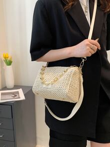 Bolsa de mimbre con estampado de letra con diseño de cadena - Beis - Ver 6