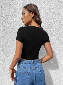 SHEIN Qutie Camiseta crop con estampado de slogan - Negro - Ver 5