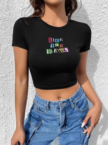SHEIN Qutie Camiseta crop con estampado de slogan - Negro - Ver 1