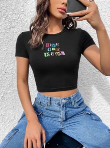 SHEIN Qutie Camiseta crop con estampado de slogan - Negro - Ver 2