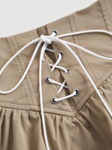 SHEIN MOD Lace Up Front Flare Skirt - Khaki - View 4