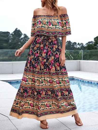 Seusyu 印花一字肩連衣裙