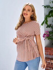 SHEIN 孕婦波卡圓點腰帶T恤 - 藕粉色 - 查看 3