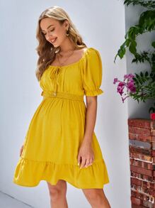 SHEIN Maternity Square Neck Puff Sleeve Dress - Yellow - View 3