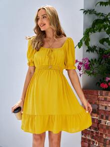 SHEIN Maternity Square Neck Puff Sleeve Dress - Yellow - View 4