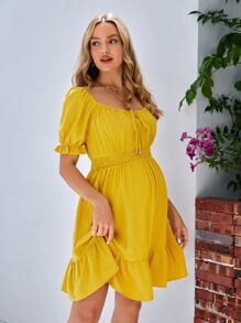 SHEIN Maternity Square Neck Puff Sleeve Dress - Yellow - View 5