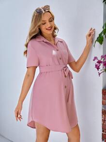 SHEIN Maternity Button Front Belted Shirt Dress - Pink - View 3