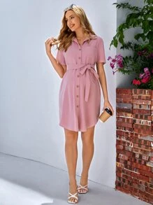 SHEIN Maternity Button Front Belted Shirt Dress - Pink - View 5