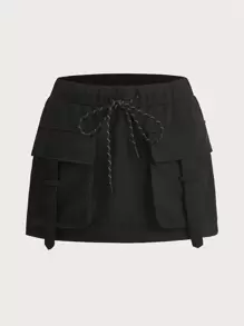 SHEIN ICON 翻蓋口袋腰部抽繩工裝裙 - 黑色 - 查看 1