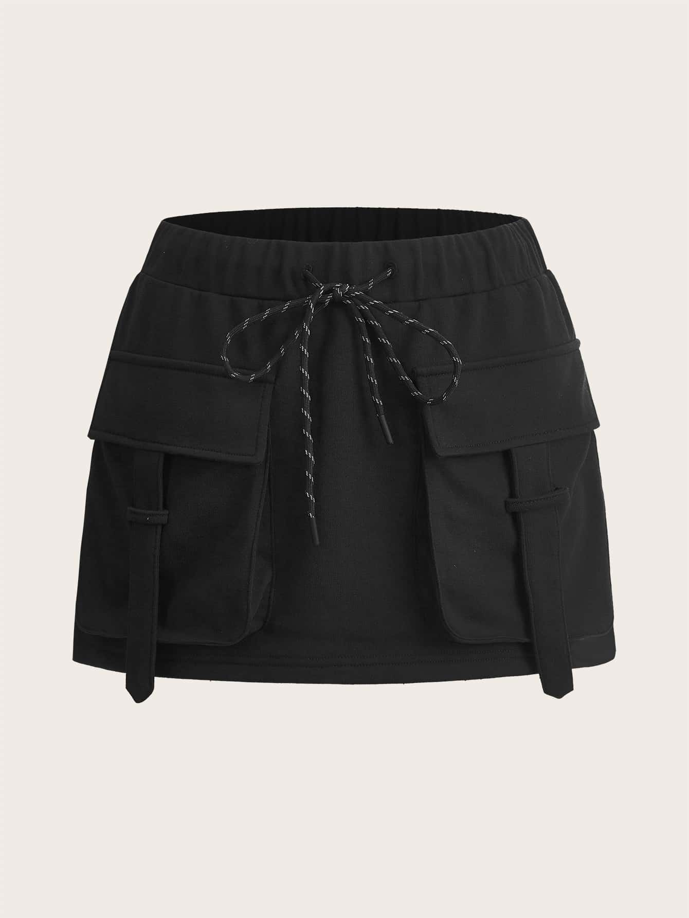 SHEIN ICON 翻蓋口袋腰部抽繩工裝裙 - 黑色 - 查看 1