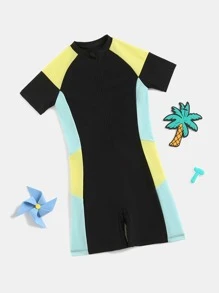 Chicos Bañador una pieza de color combinado con cremallera delantera - Negro - Ver 5