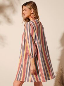 SHEIN LUNE 條紋印花燈籠袖洋裝 - 橘色 - 查看 2