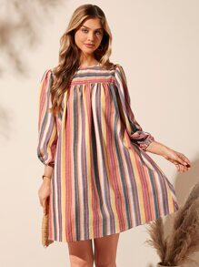 SHEIN LUNE 條紋印花燈籠袖洋裝 - 橘色 - 查看 3