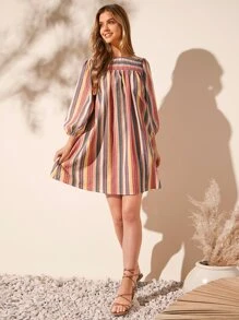 SHEIN LUNE 條紋印花燈籠袖洋裝 - 橘色 - 查看 4