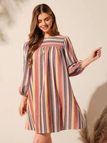 SHEIN LUNE 條紋印花燈籠袖洋裝 - 橘色 - 查看 6