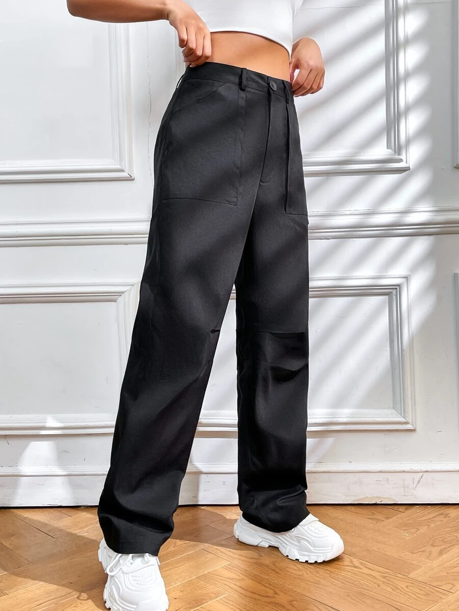 SHEIN Unity High Waist Slant Pockets Trousers - Black - View 1