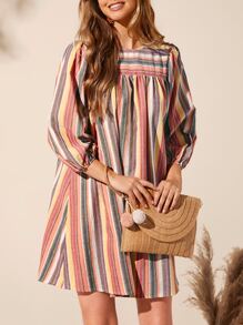 SHEIN LUNE 條紋印花燈籠袖洋裝 - 橘色 - 查看 7