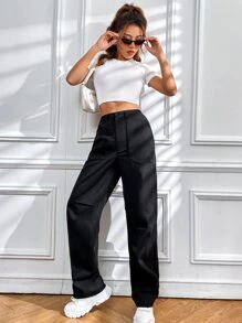 SHEIN Unity High Waist Slant Pockets Trousers - Black - View 4