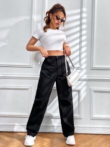 SHEIN Unity High Waist Slant Pockets Trousers - Black - View 6