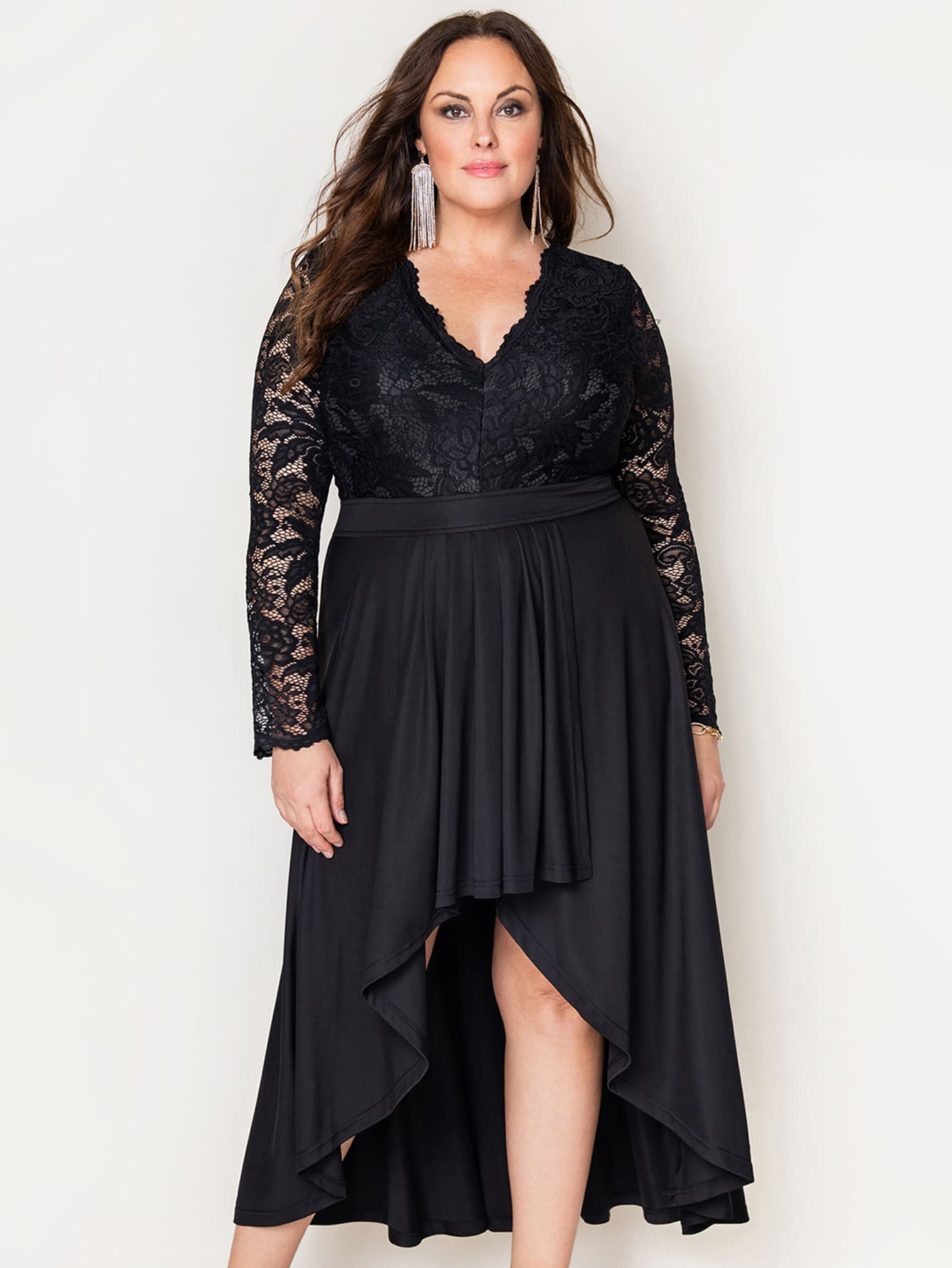 Acelitt Plus Lace Panel High Low Hem Dress - Black - View 1