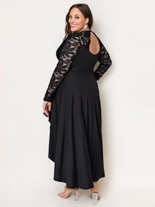 Acelitt Plus Lace Panel High Low Hem Dress - Black - View 2