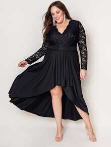 Acelitt Plus Lace Panel High Low Hem Dress - Black - View 3