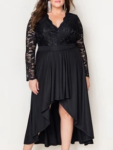 Acelitt Plus Lace Panel High Low Hem Dress - Black - View 5