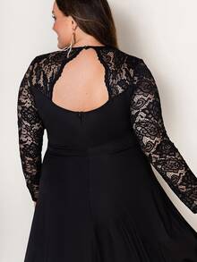 Acelitt Plus Lace Panel High Low Hem Dress - Black - View 6